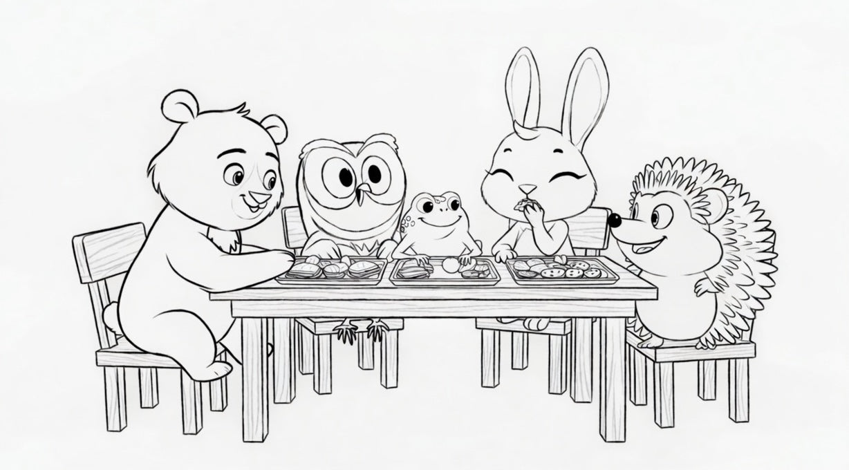 Coloring Page, Sharing Snack Surprise